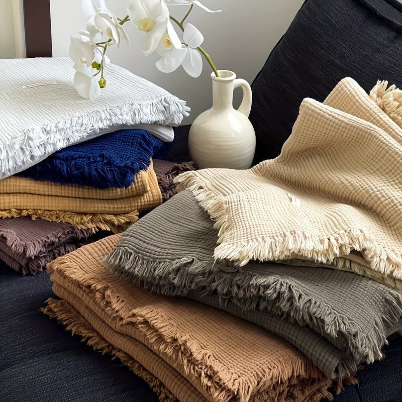 1pc Cotton Crinkle Tassel Blanket Solid Color Nap Blanket Leisure Travel Sofa Bed Blanket