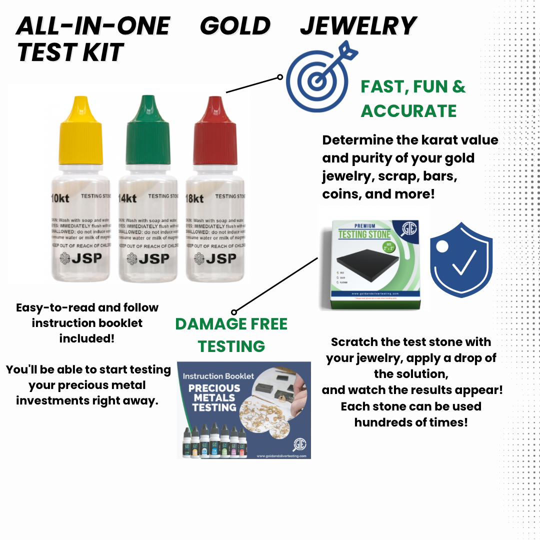 Gold Testing Kit 10K, 14K, 18K Acids, Test Needles & Stone