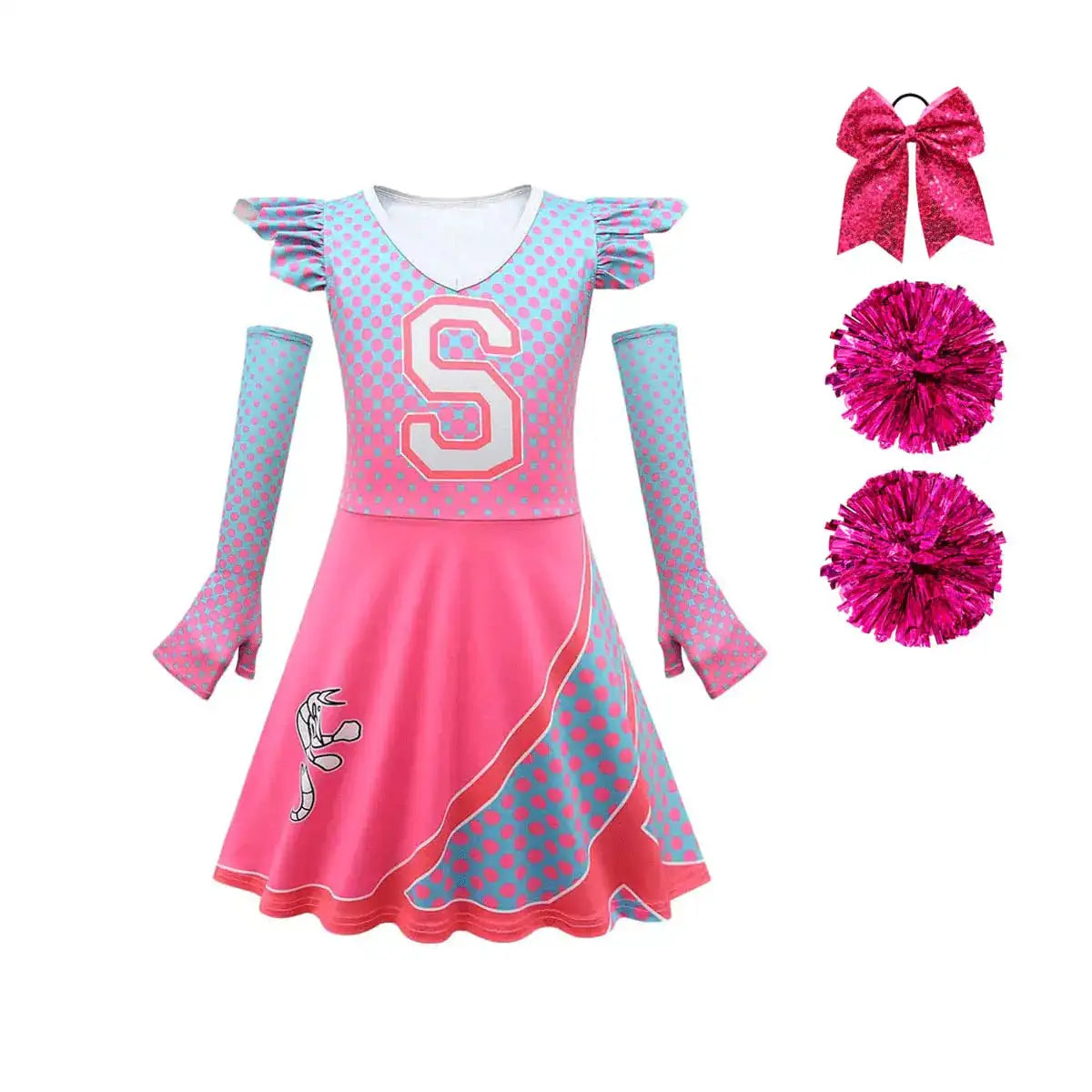 Zombie 3 Cheerleader Dresses for Girls Addison Alien Dresses for Girls Addison Zombies Dresses Kids with Pom Poms and Bow Hair Rope 7-8Y
