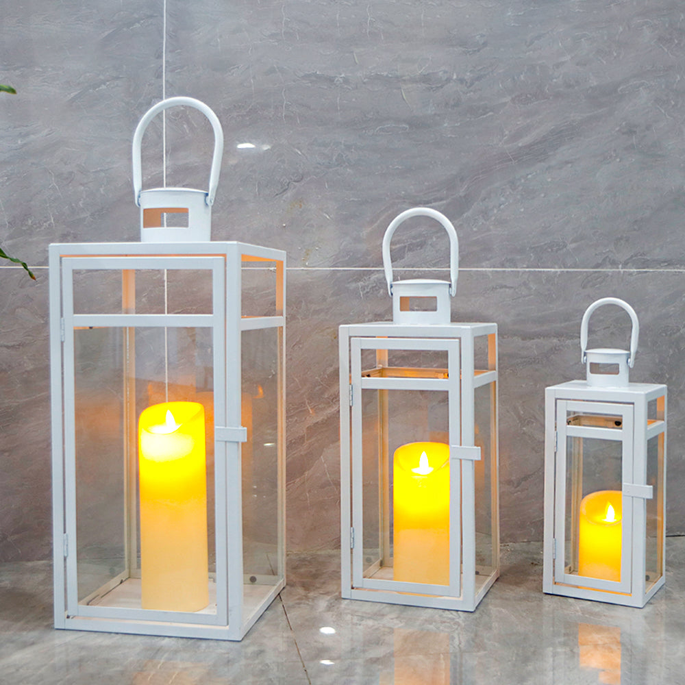 Metal Candle Lantern Set (3pcs, 12/15/19"): Tall Hanging, Tempered Panels, White (Indoor/Outdoor)
