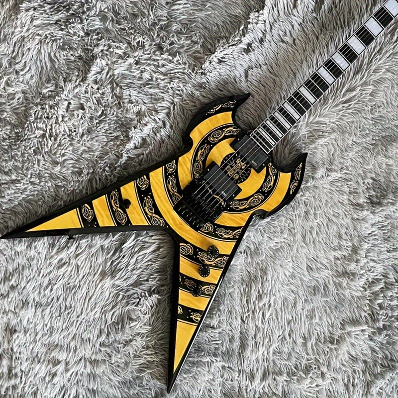 Custom Electric Guitar ZV Series – Yellow Zakk Design with Double Tremolo Bridge, H-H Pickups, and Rosewood Fretboard - Premium guitar from Lizard Vigilante - Just $499.99! Shop now at Lizard Vigilante