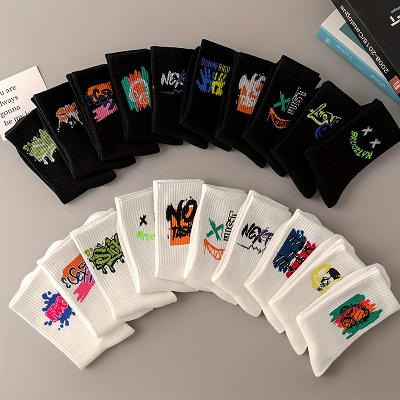 3/6/8/10/12 Pairs Of Medium Length Socks With Graffiti And Spray Painting For Personalized Fashion, Comfort, And Durability