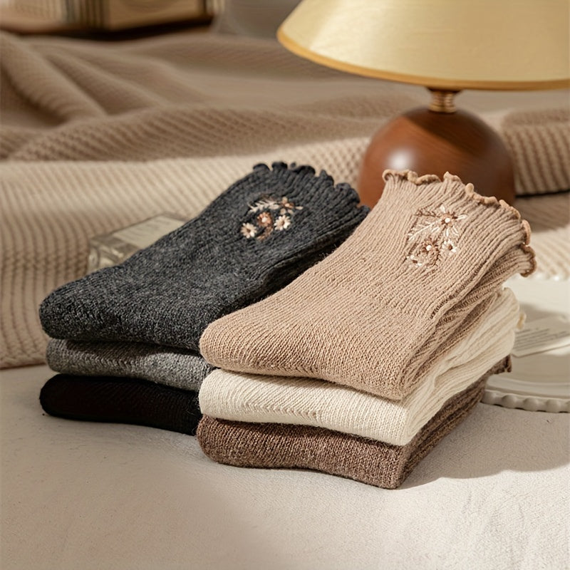 6 Pairs Floral Embroidery Socks, Comfy & Soft Lettuce Trim Socks, Women's Stockings & Hosiery