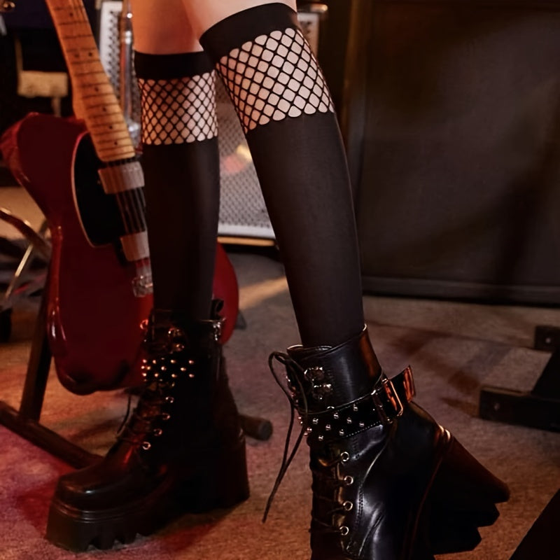 Fishnet Patchwork Calf Socks, JK College Style Knee High Socks, Women's Stockings & Hosiery