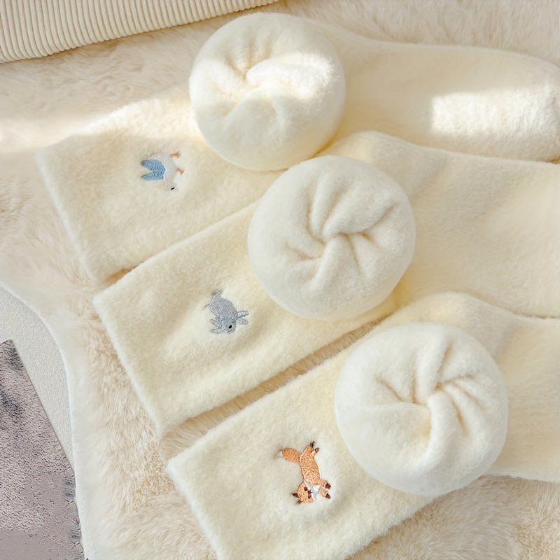 4pcs Cozy Fleece-Lined Women's Socks - Cute Animal Embroidery, Thick & Warm Mid-Calf Winter Home Socks