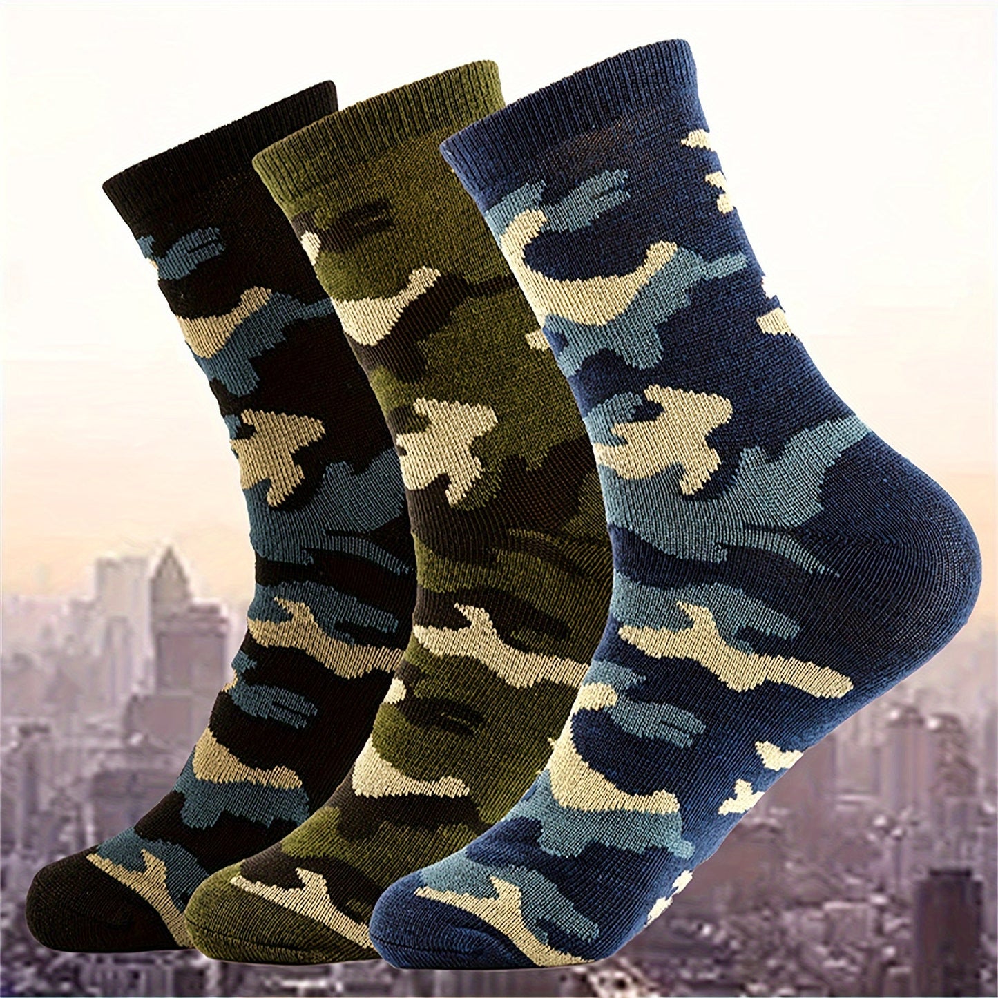 3 Pcs Men's Camo Sports Crew Socks - Durable, Stretchy, Ribbed Cuff for All Seasons