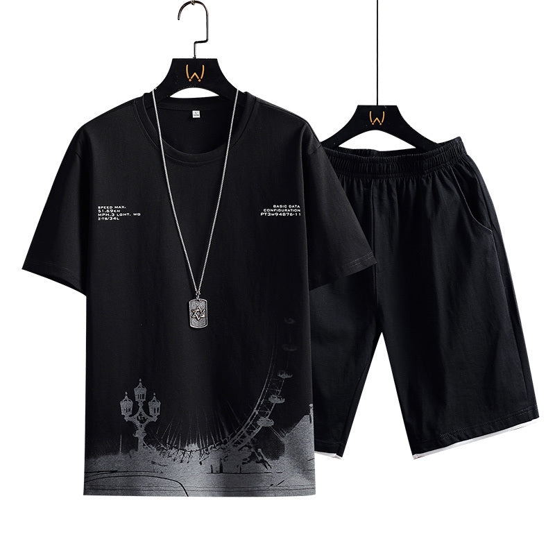 New Cotton Men's Casual Sports Loose Shorts Round Neck T-shirt Suit