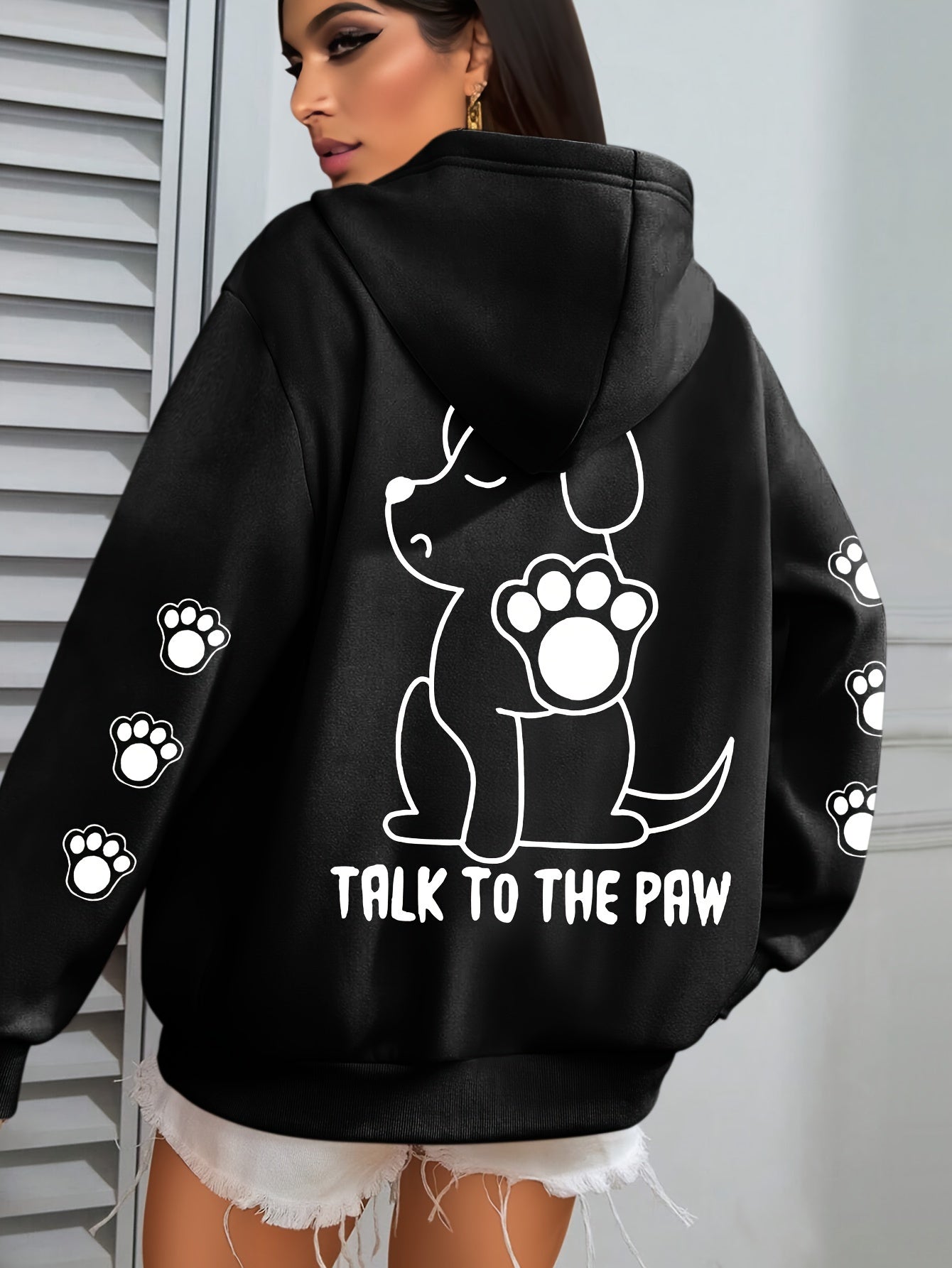 Plus Size Womens Cozy Dog Talk to The Paw Print Hoodie - Soft Drawstring Casual Hooded Sweatshirt for Winter and Fall - Comfortable Relaxed Fit, Long Sleeve, Pullover Design, and Fun Pet Lovers Graphic - Premium hoodies from Lizard Vigilante - Just $26.99! Shop now at Lizard Vigilante