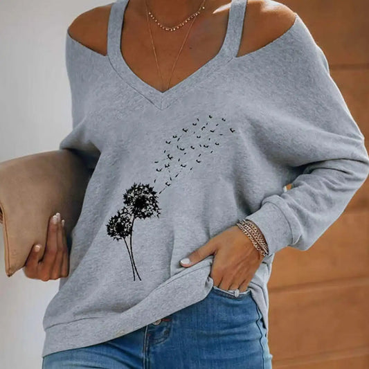Women's V-neck Off Shoulder Printed Casual Clothing Shirt Long Sleeved Top
