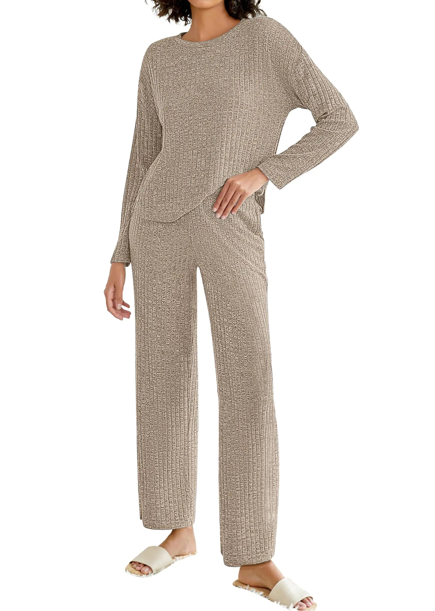 NORACORA Pajamas for Women Set Two Piece Lounge Set Long Sleeve Top Cute Pj Pants Casual Matching Pajamas Sweater Knit Sets Khaki M