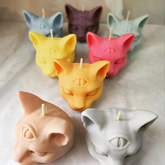 1pc 3D Three Eyed Cat Resin Scented Candle Wax Silicone Mold, DIY Evil Cat Head Silicone Molds For Candle Chocolate Making Epoxy Soap Casting, Animal Shape Molds For Halloween Gifts Home Decor