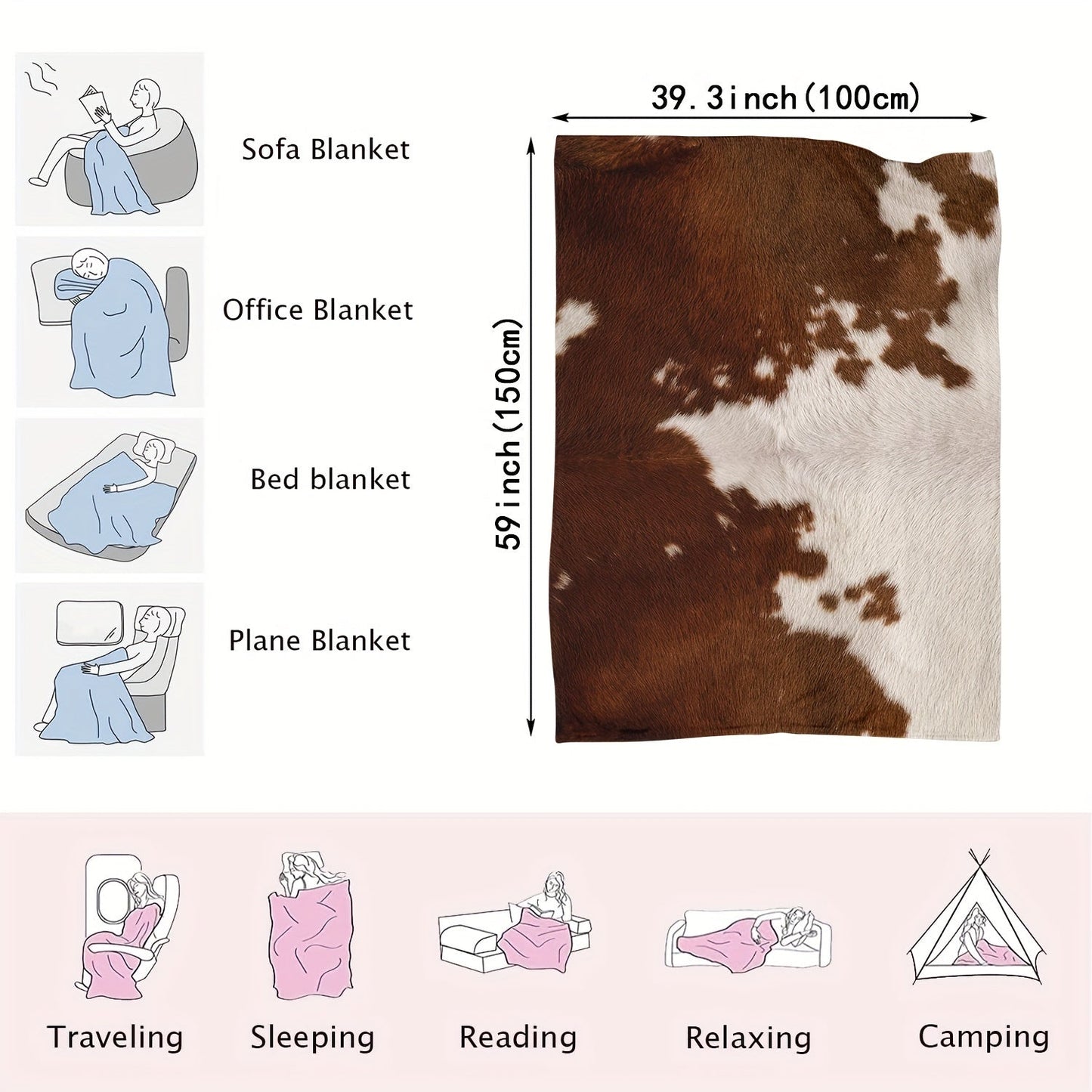 1pc Soft Flannel Rustic Cowhide Printed Blanket Shawl - Throws for Sofa, Lunch Break, and Napping - Ultra-Soft, Skin-Friendly, Casual, Multi-Purpose, and Perfect for Indoor and Outdoor Use