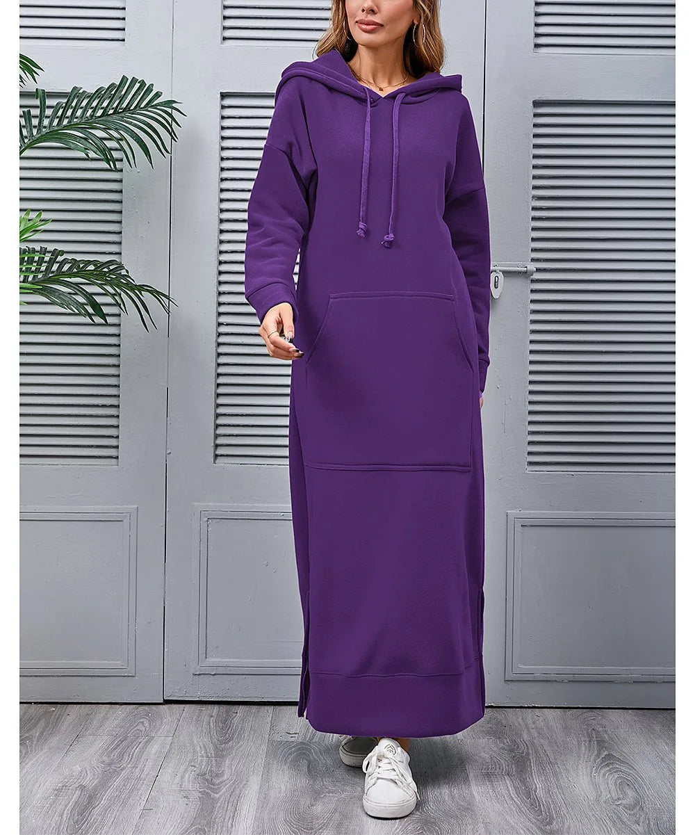 Women’s Hoodie Dress Winter Warm Lace-Up Hem Long Sweatshirt Casual Loose Midi Robe