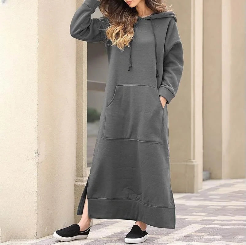 Women’s Hoodie Dress Winter Warm Lace-Up Hem Long Sweatshirt Casual Loose Midi Robe