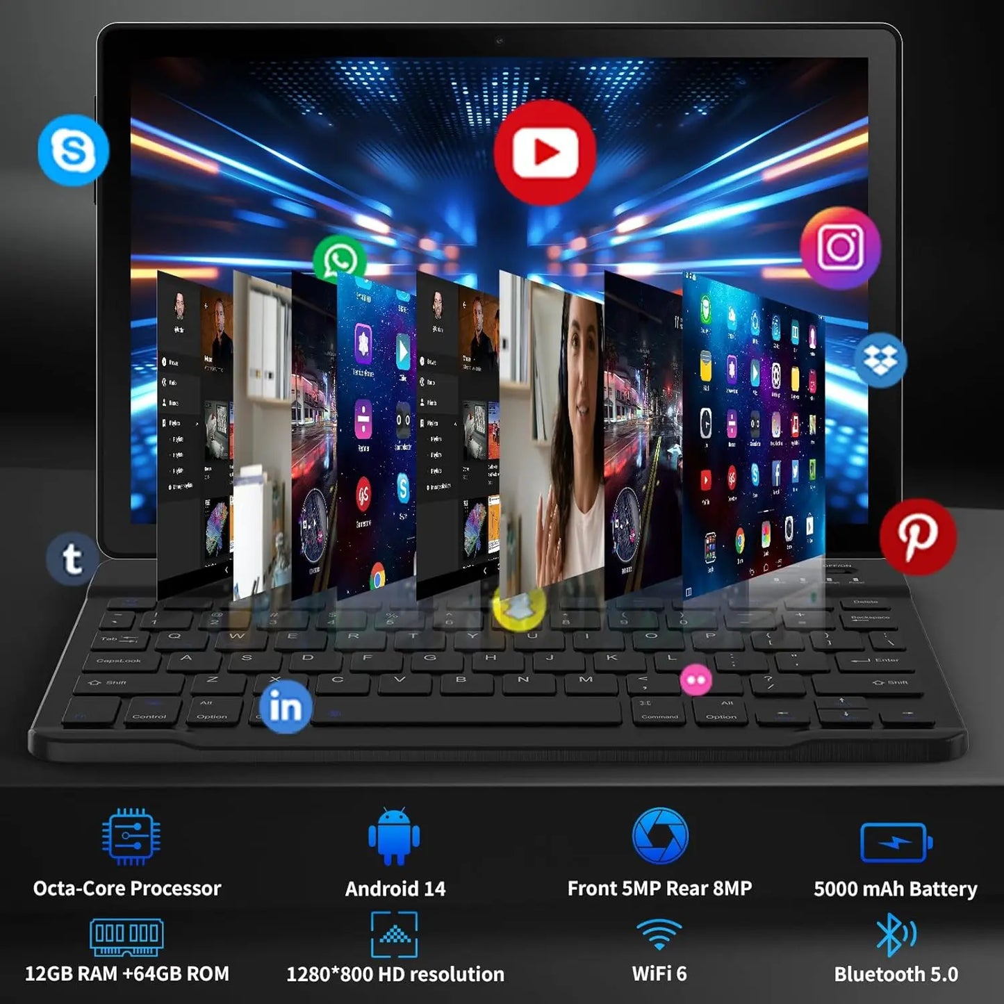 A10L 10 Inch Android Tablet 12GB RAM 64GB ROM IPS HD Touch Screen with Keyboard Case Mouse Stylus 8 in 1 Tablet Kit