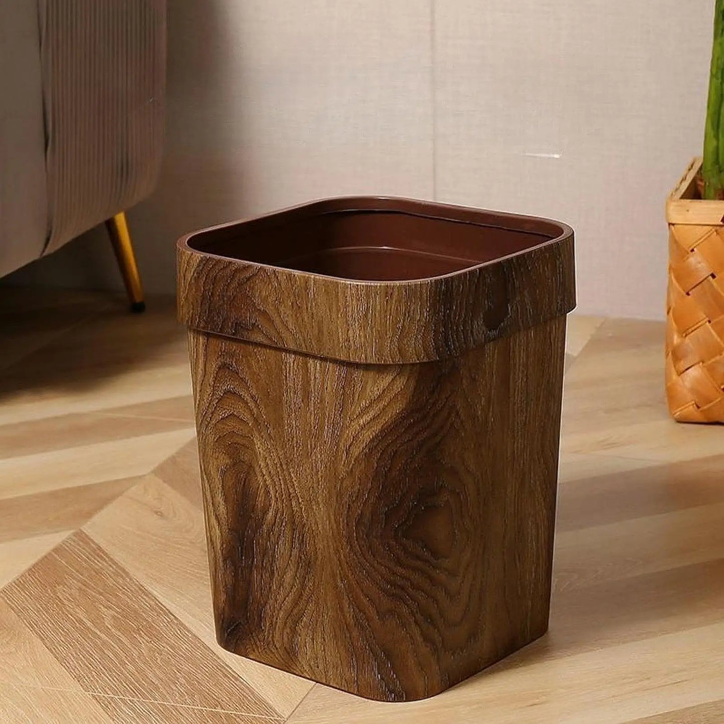Imitation Wood Grain Trash Can Reusable Modern Rectangle Garbage Container Bin for Household Living Room Office Bathroom Kitchen