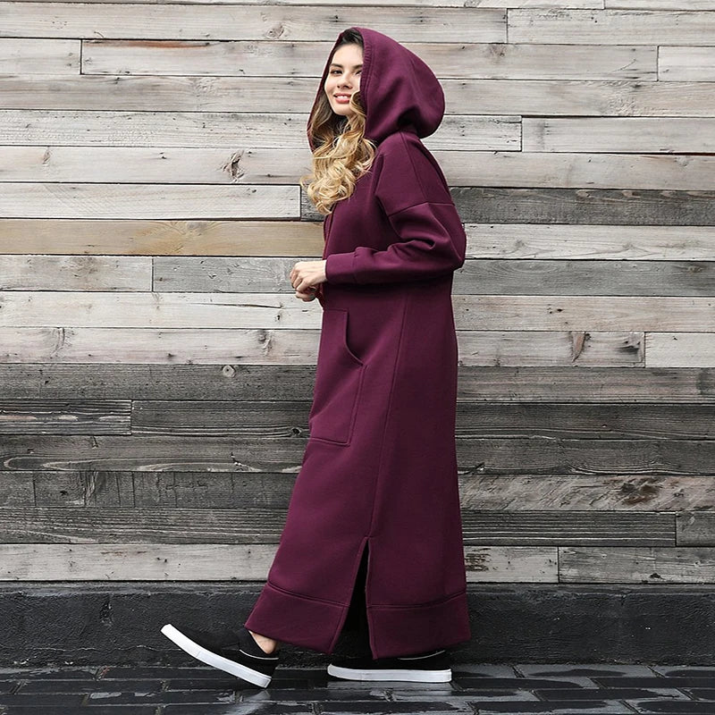 Women’s Hoodie Dress Winter Warm Lace-Up Hem Long Sweatshirt Casual Loose Midi Robe