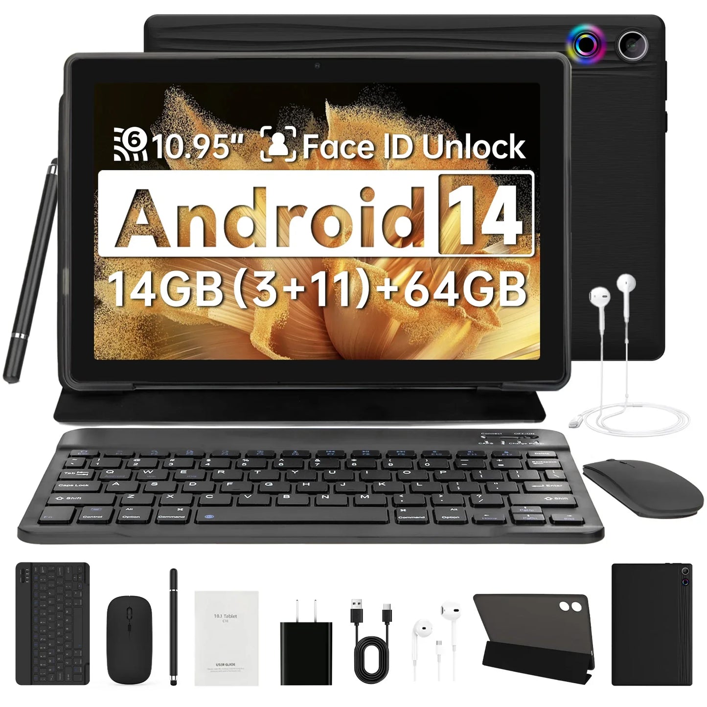 A7L 10.1 Inch Android14 Tablet 14GB RAM 64GB ROM Octa-Core Processor HD IPS WiFi Protective Case Pen Keyboard Mouse Headphone PC