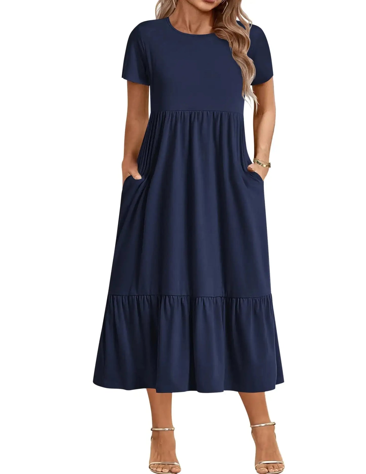INVOLAND Plus Size Women Short Sleeve Loose Plain Maxi Dresses Casual Long Dresses with Pockets