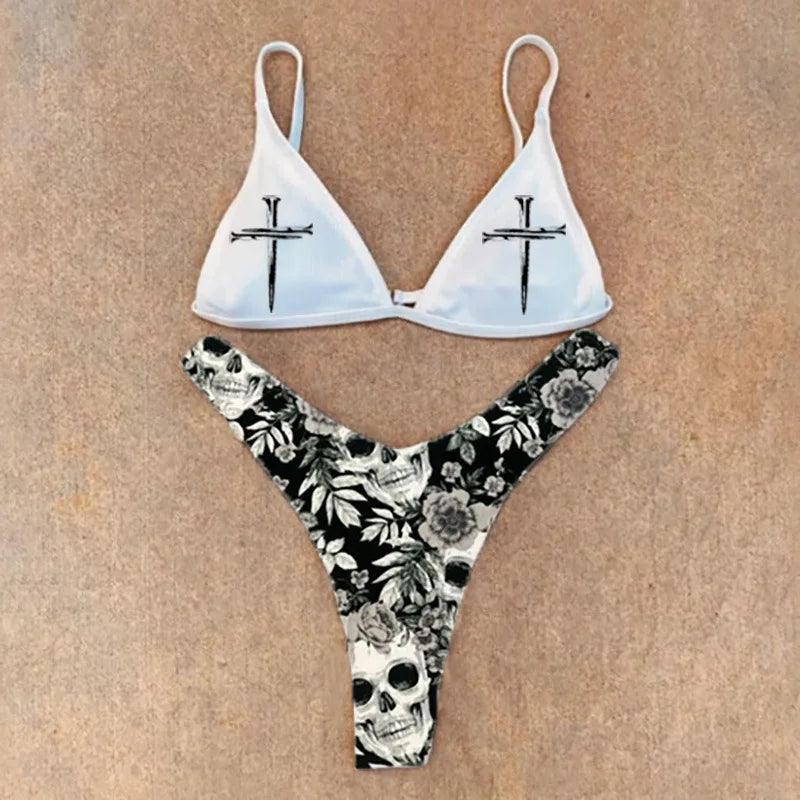 Skull Bikini Black And White Sexy Goth Emo Women Two-piece High Waist Gothic Swimsuit Beach - Lizard Vigilante