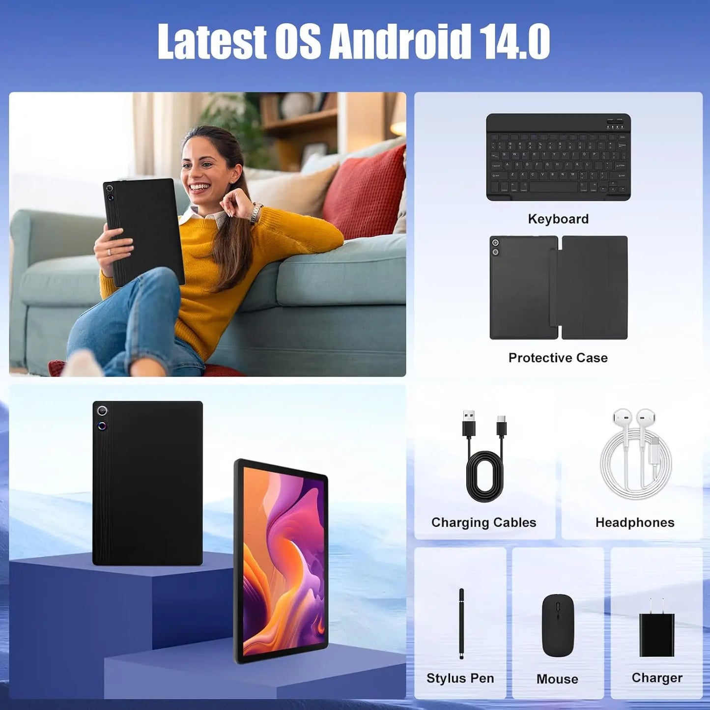 A7L 10.1 Inch Android14 Tablet 14GB RAM 64GB ROM Octa-Core Processor HD IPS WiFi Protective Case Pen Keyboard Mouse Headphone PC