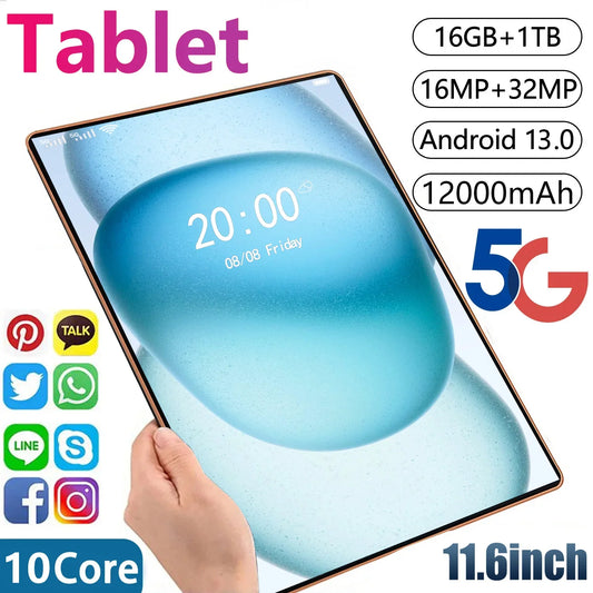 2024 New 5G Tablet 11.6 inch Android 13.0 Phablet MTK6797 16GB RAM 1TB ROM Tablet PC Dual Cameras Dual sim card Wifi Type-c