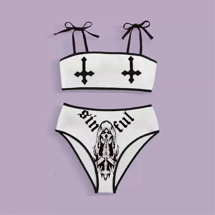 Skull Bikini Black And White Desirable Goth Emo Women Two-Piece High Waist Gothic Swimsuit Beach - Lizard Vigilante