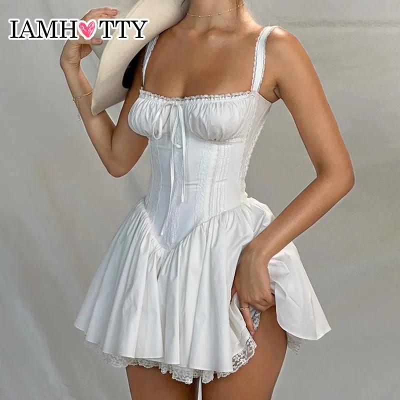 IAMHOTTY High-quality Lace Panel A-line Dress White Coquette Party Holiday Sleeveless Mini Corset Dresses Elegant Sweet Robe New - Lizard Vigilante