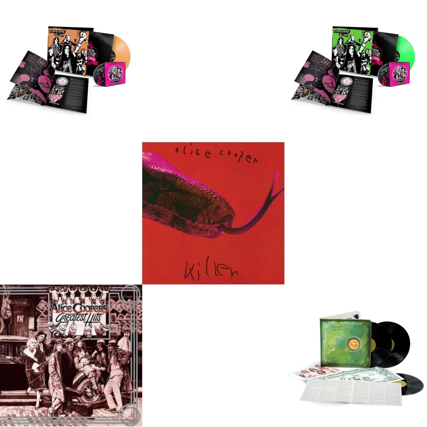 Alice Cooper - Live From The Astroturf (Glow-In-The-Dark LP Vinyl/DVD) & Live From The Astroturf (Apricoot LP Vinyl/DVD) & Billion Dollar Babies (50Th Anniversary/Deluxe/3LP) & Killer (Expanded & Remastered/3LP) & Alice Cooper's Greatest Hits