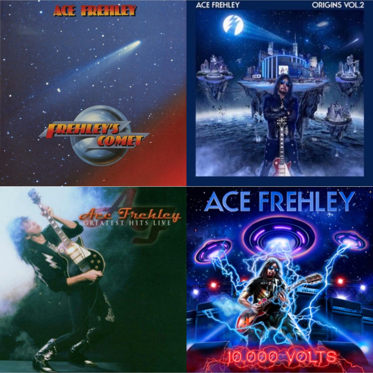 Greatest Hits Live & 10,000 Volts (Edge Only Splatter/Metal Gym Locker/Red Splatter LP Vinyl) & Origins Vol.2 (Blue & White LP Vinyl) & Frehley's Comet (Red & Blue Hand Poured Effect LP Vinyl)