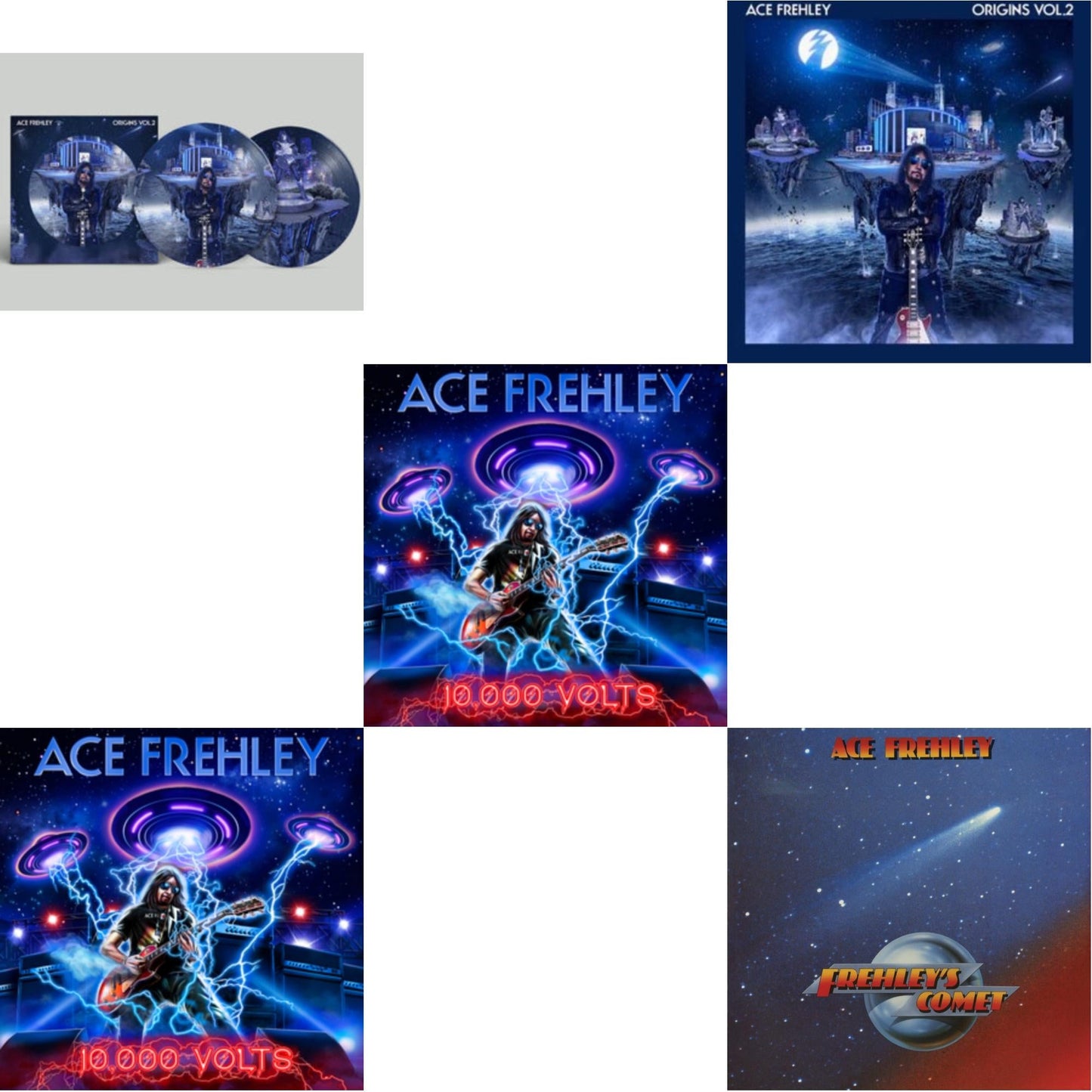 Ace Frehley - 10,000 Volts (Edge Only Splatter/Metal Gym Locker/Red Splatter LP Vinyl) & 10,000 Volts (Orange Tabby LP Vinyl) & Origins Vol.2 (Blue & White LP Vinyl) & Origins: Vol. 2 (Picture Disc) & Frehley's Comet (Red & Blue Hand Poured Effect LP