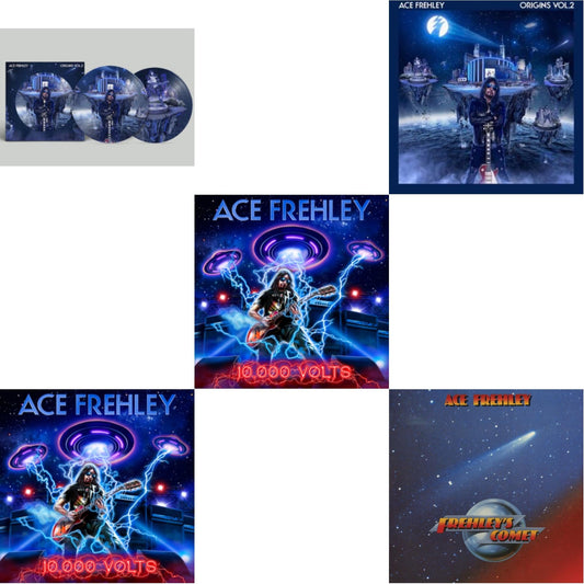 Ace Frehley - 10,000 Volts (Edge Only Splatter/Metal Gym Locker/Red Splatter LP Vinyl) & 10,000 Volts (Orange Tabby LP Vinyl) & Origins Vol.2 (Blue & White LP Vinyl) & Origins: Vol. 2 (Picture Disc) & Frehley's Comet (Red & Blue Hand Poured Effect LP