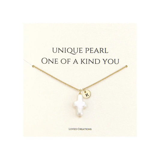 Pearl Cross Necklace for Women Gold Initial K Necklaces 14K Gold Plated Cute Dainty Baroque Pearl Cross Pendant Necklace Jewelry Gift