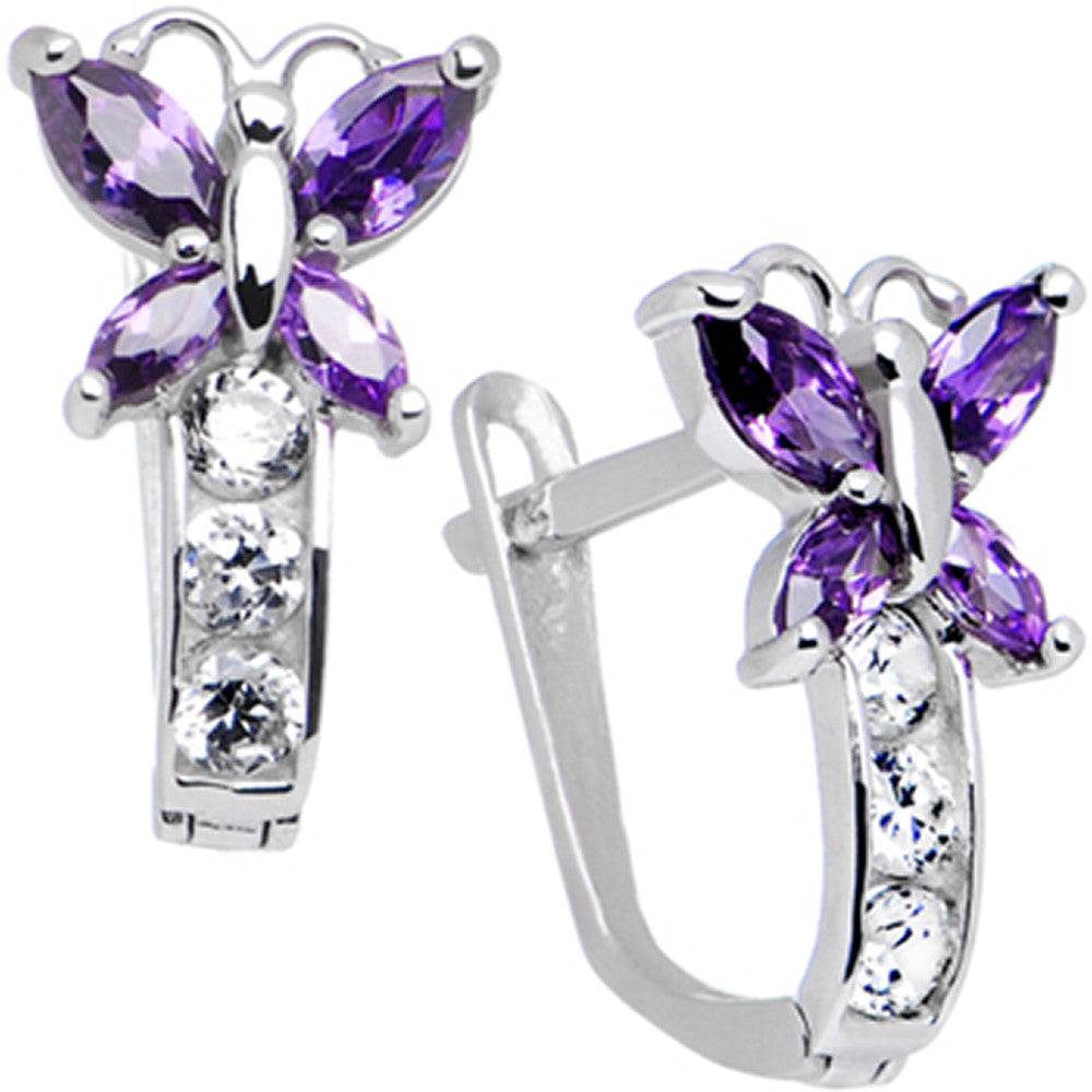 14k White Gold Butterfly February Birthstone Leverback Earrings