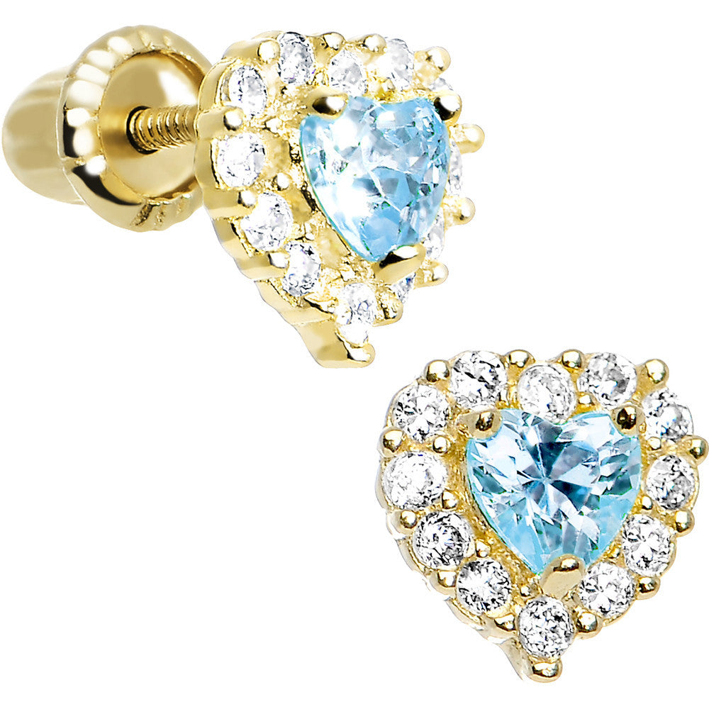 14k Yellow Gold Heart CZ March Birthstone Youth Screwback Earrings