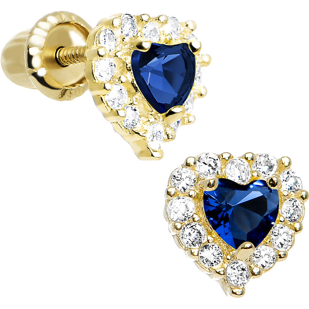 14k Yellow Gold Heart CZ September Birthstone Youth Screwback Earrings