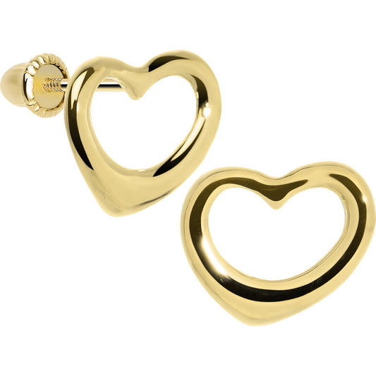 14K Yellow Gold Hollow Heart Melt Youth Screwback Earrings