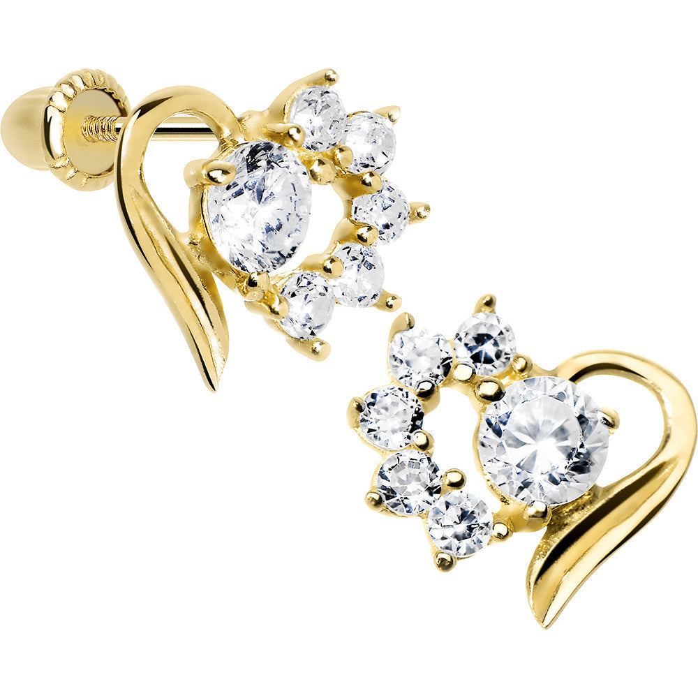 14K Yellow Gold Open Heart Half CZ Youth Screwback Earrings