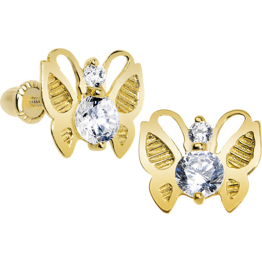 14K Yellow Gold Butterfly Clear CZ Youth Screwback Earrings