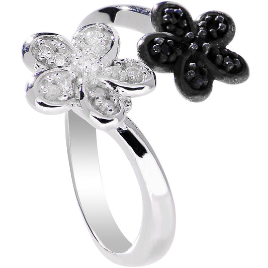 925 Sterling Silver Clear Black CZ Twin Flower Toe Ring