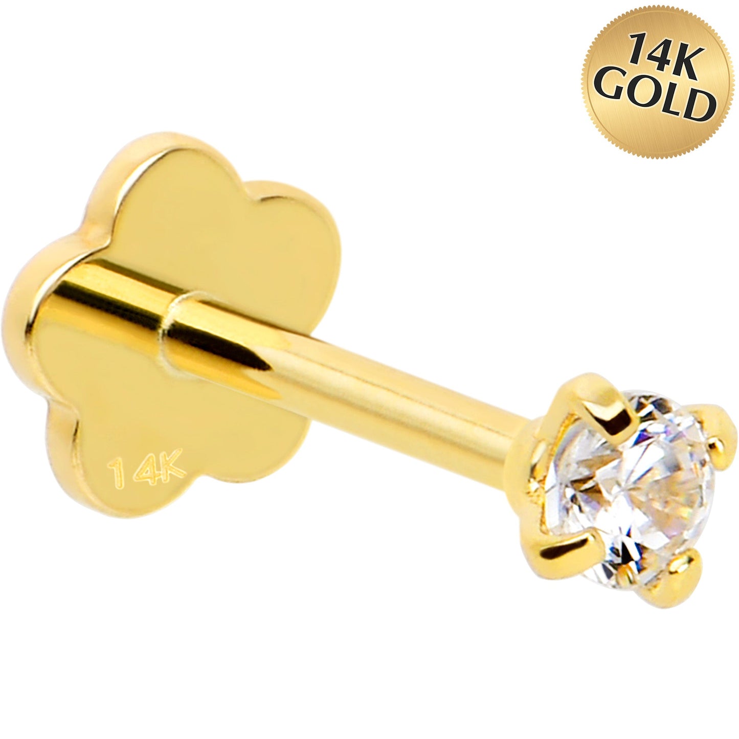 14k Yellow Gold Flat Back Earring 20G 2mm CZ Floral Reversible