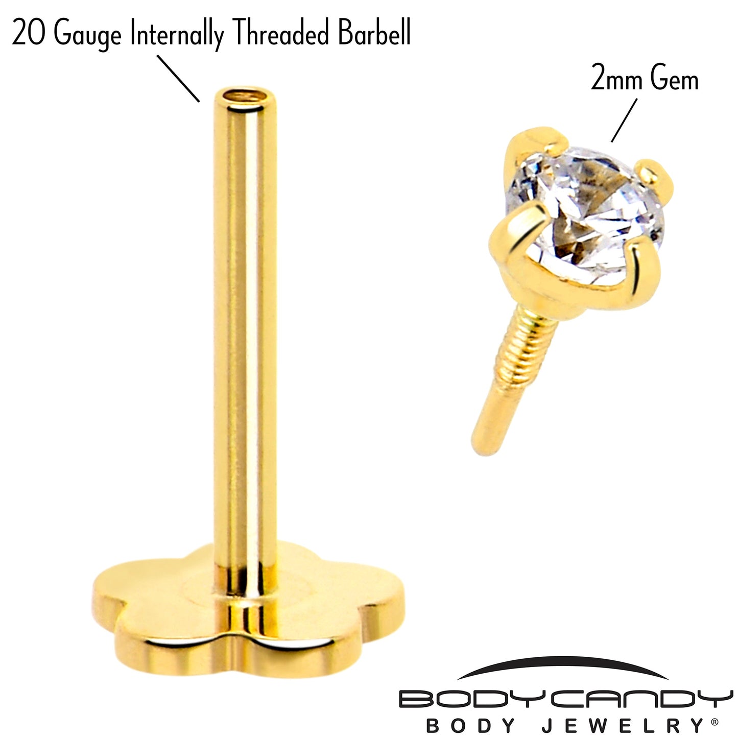 14k Yellow Gold Flat Back Earring 20G 2mm CZ Floral Reversible