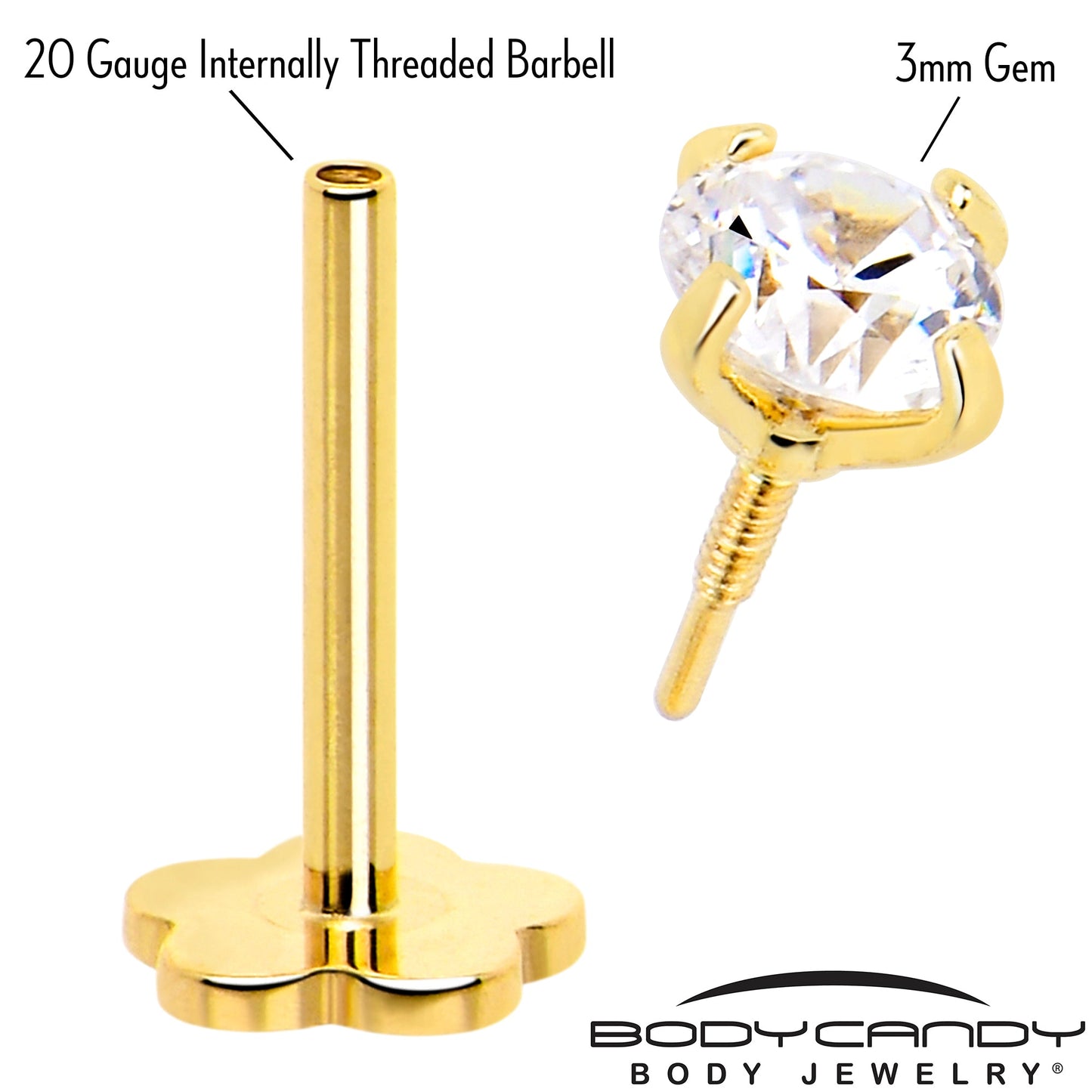 14k Yellow Gold Flat Back Earring 20G 3mm CZ Floral Reversible