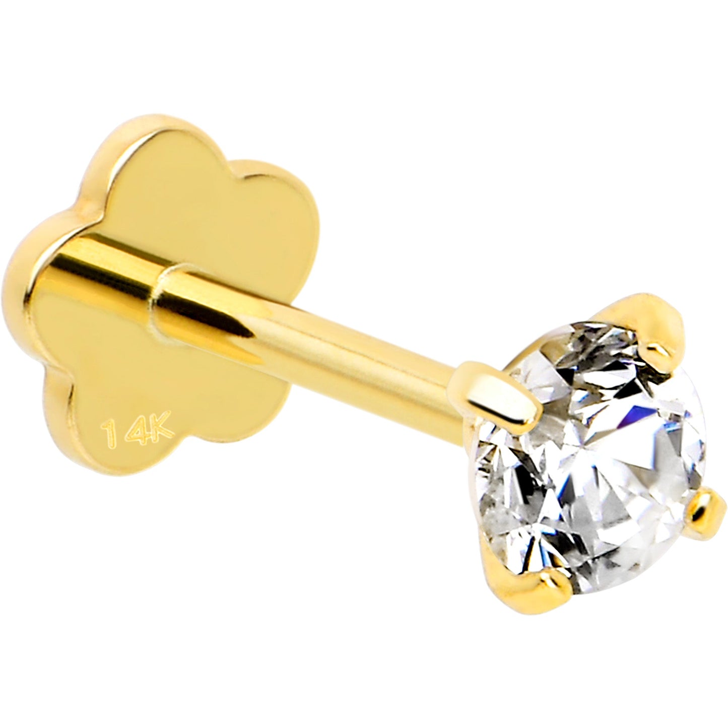 14k Yellow Gold Flat Back Earring 20G 3mm CZ Floral Reversible