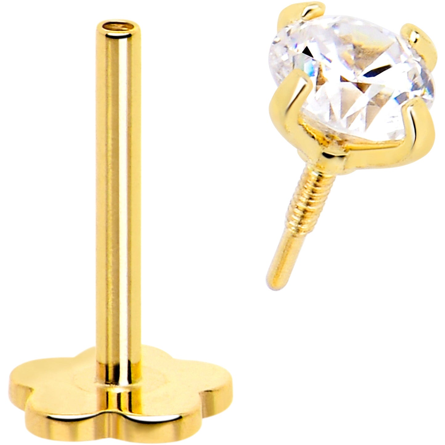 14k Yellow Gold Flat Back Earring 20G 3mm CZ Floral Reversible