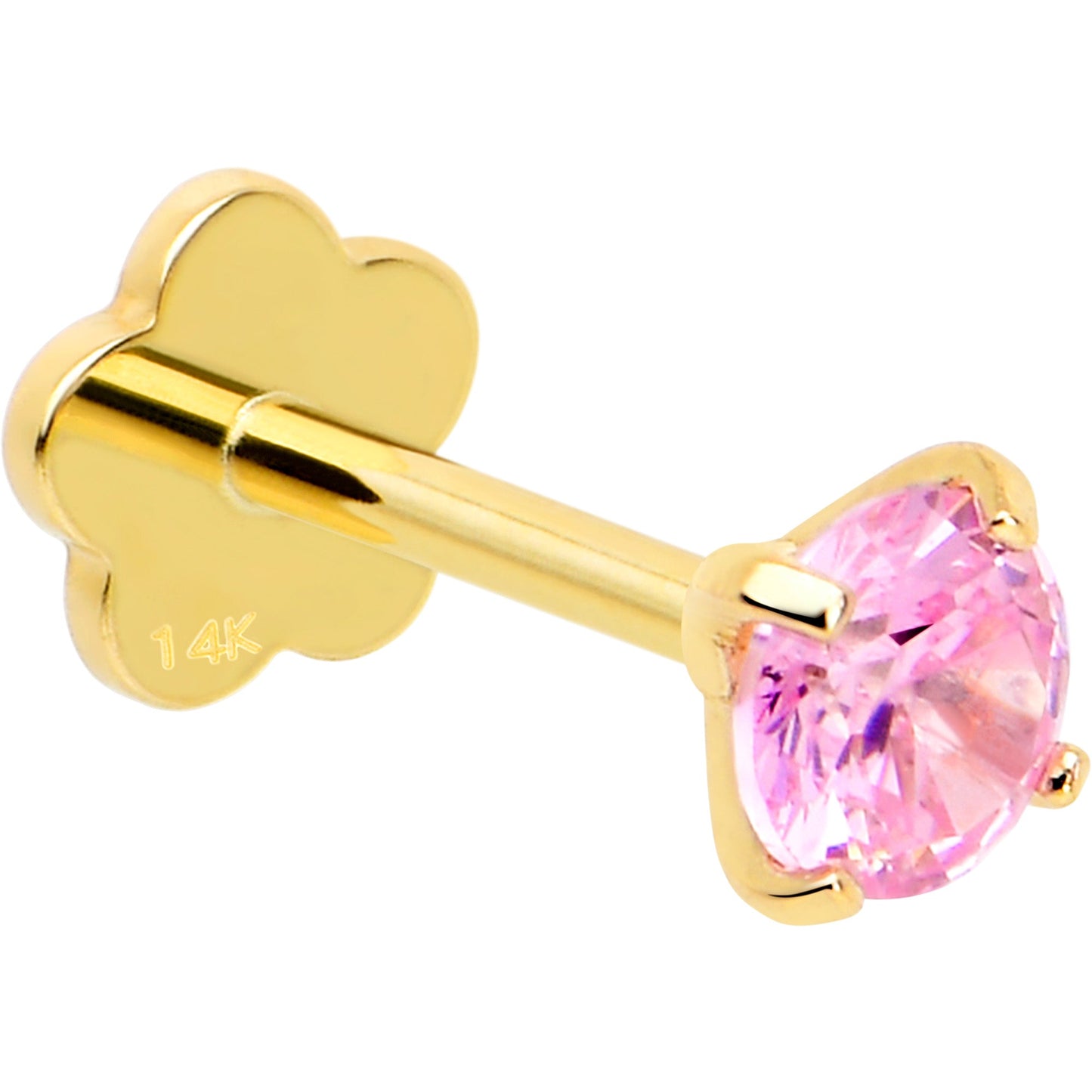 14k Yellow Gold Flat Back Earring 20G 4mm Pink CZ Floral Reversible