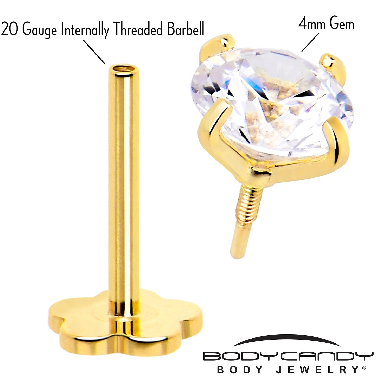 14k Yellow Gold Flat Back Earring 20G 4mm CZ Floral Reversible