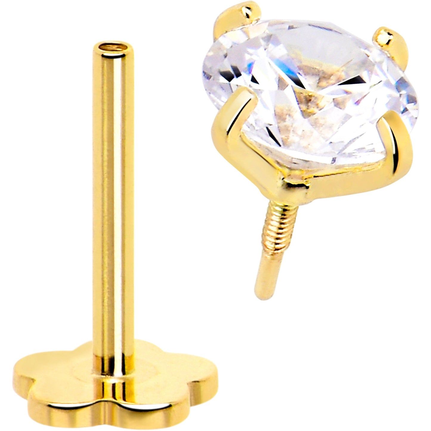 14k Yellow Gold Flat Back Earring 20G 4mm CZ Floral Reversible