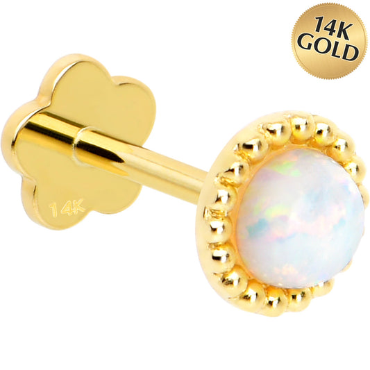 14k Yellow Gold Flat Back Earring 20G 3mm Synthetic Opal Floral Reversible