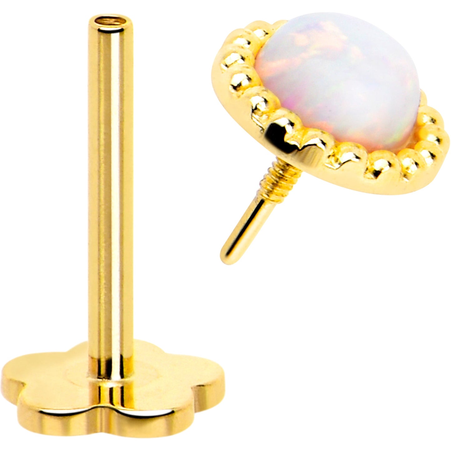 14k Yellow Gold Flat Back Earring 20G 3mm Synthetic Opal Floral Reversible